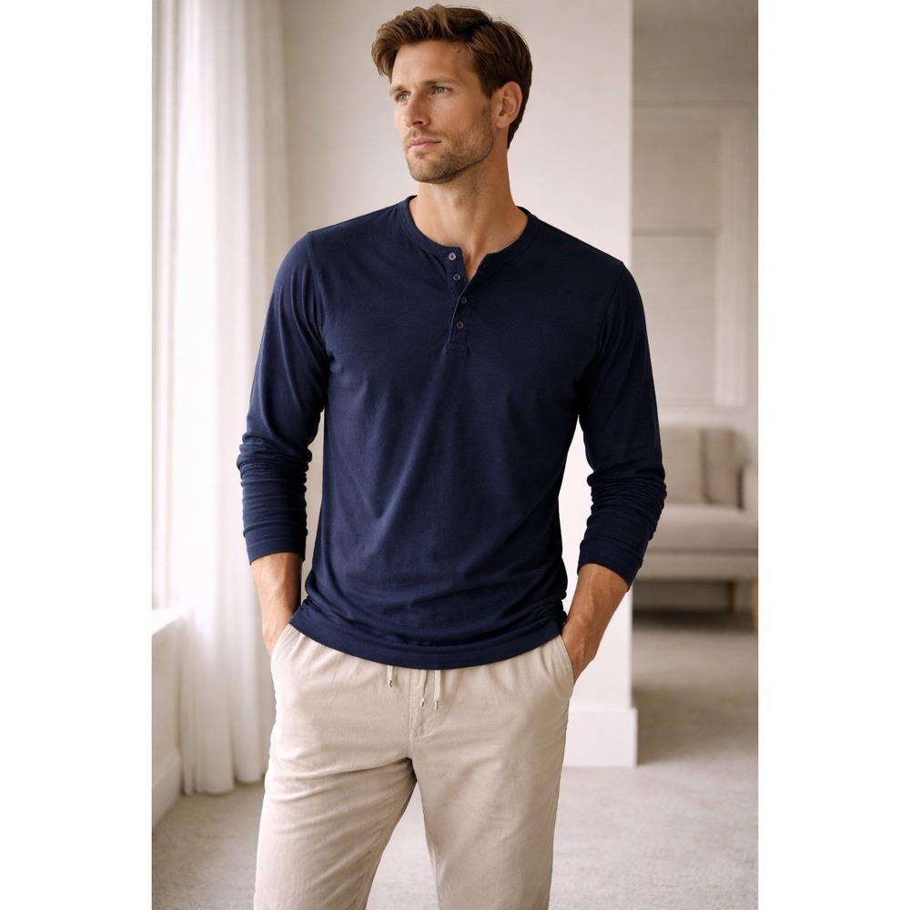 Onia Long Sleeve Henley Shirt Mens M Navy Minimalist‎ Casual